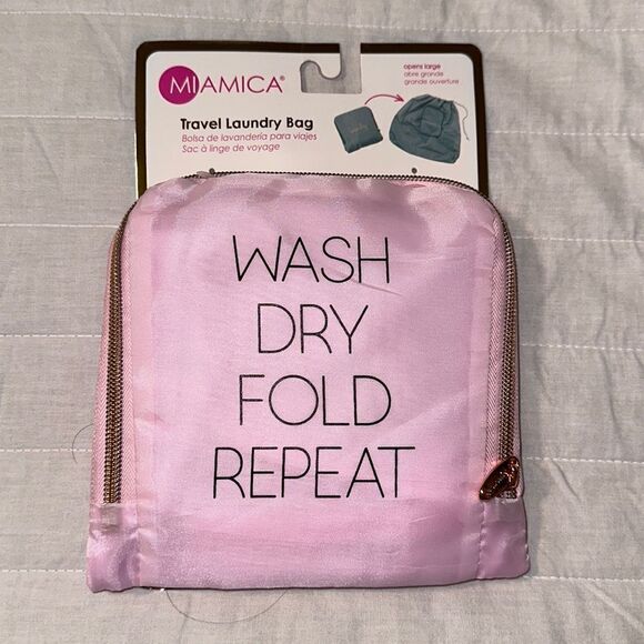 MIAMICA Pink Gold Blk “Wash Dry Fold Repeat” Foldable Travel Laundry Bag - Picture 1 of 7